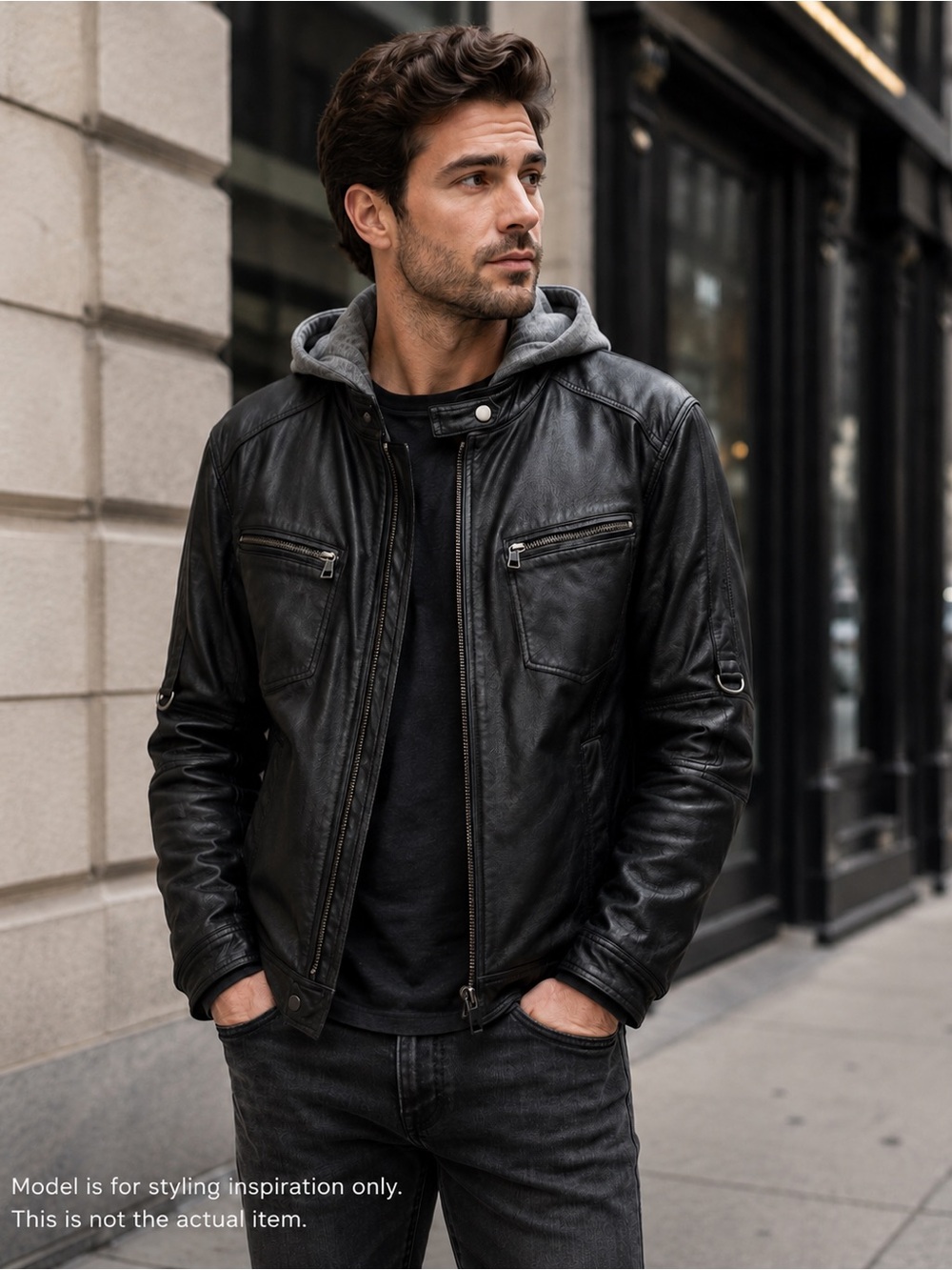 Danier Black Leather Bomber Jacket with Gray Hood